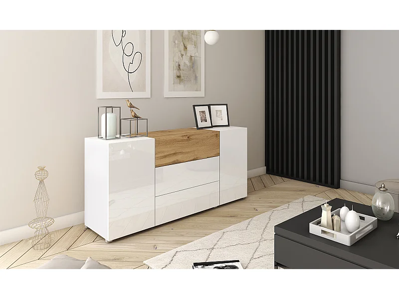 Aparador moderno 150 cm – de pie, 3 cajones y 2 puertas, cuerpo blanco mate, frentes blanco brillo, inserto roble wotan mate