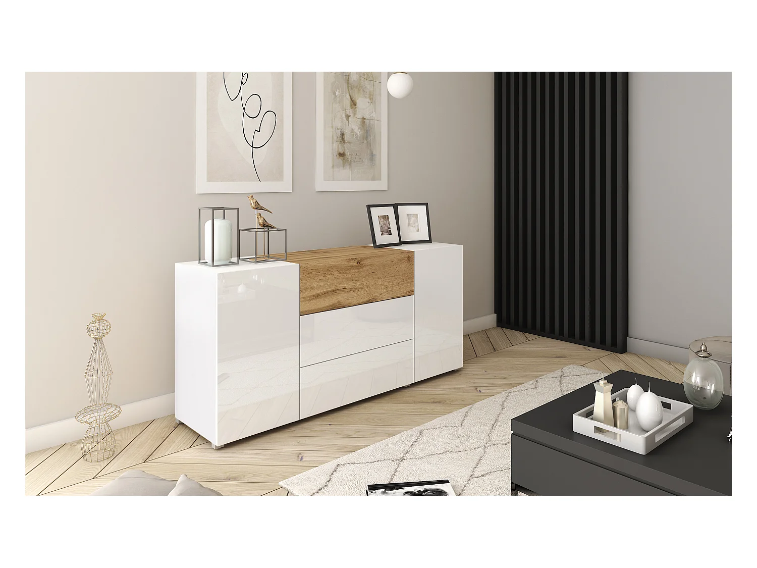 Buffet moderne 150 cm – sur pied, 3 tiroirs et 2 portes, corps blanc mat, façades blanc brillant, insert chêne wotan mat