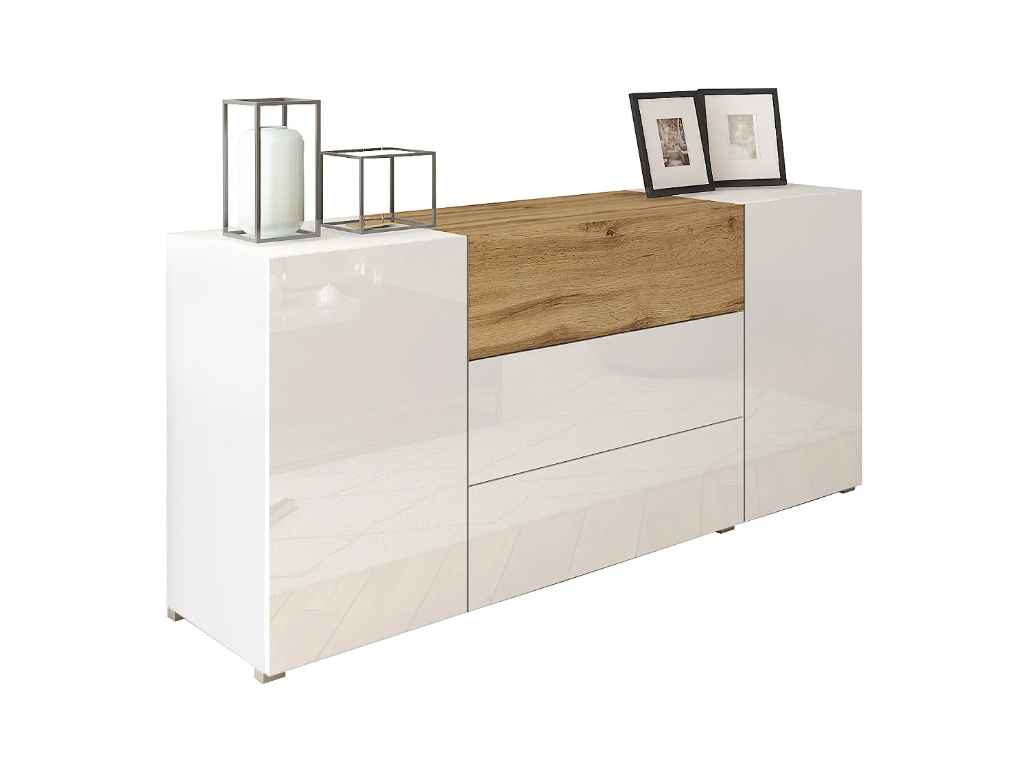 Buffet moderne 150 cm – sur pied, 3 tiroirs et 2 portes, corps blanc mat, façades blanc brillant, insert chêne wotan mat