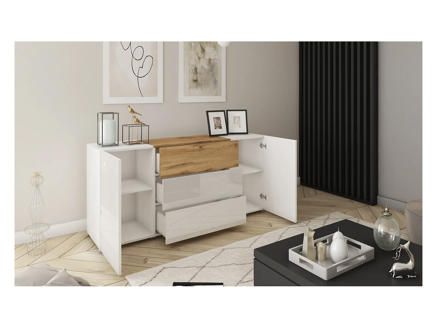 Buffet moderne 150 cm – sur pied, 3 tiroirs et 2 portes, corps blanc mat, façades blanc brillant, insert chêne wotan mat