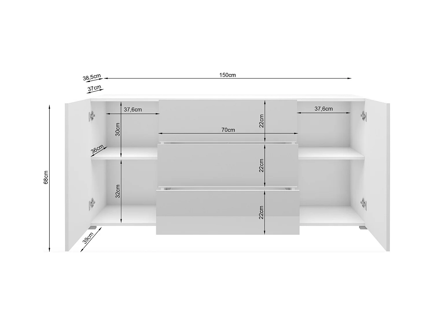 Buffet moderne 150 cm – sur pied, 3 tiroirs et 2 portes, corps blanc mat, façades blanc brillant, insert chêne wotan mat