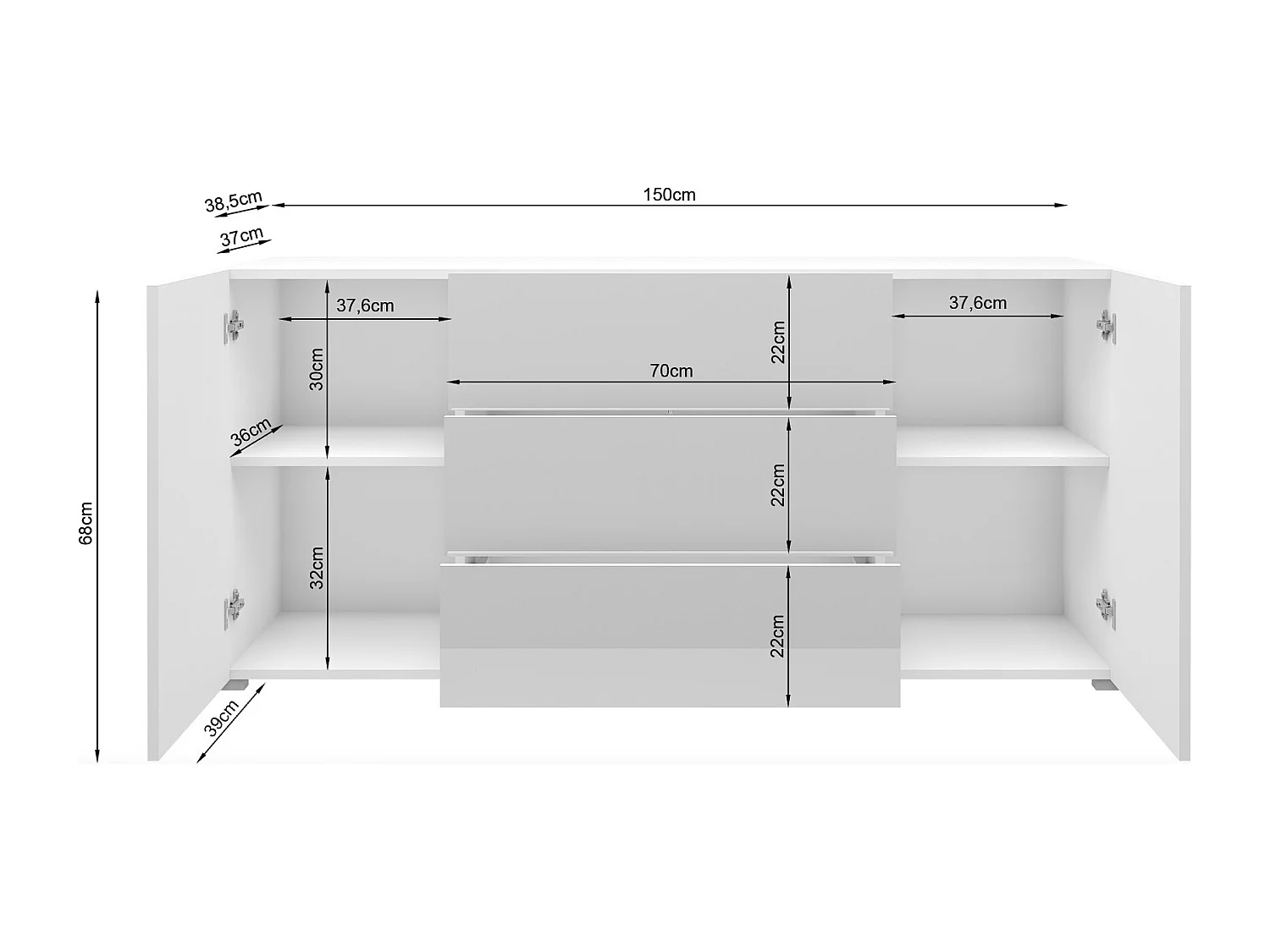 Buffet moderne 150 cm – sur pied, 3 tiroirs et 2 portes, corps blanc mat, façades blanc brillant, insert chêne wotan mat