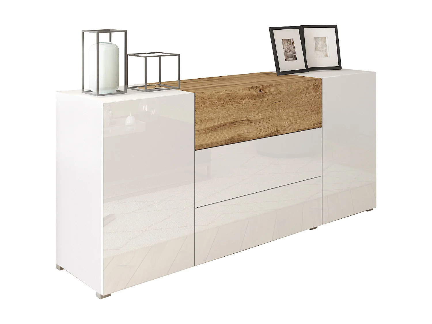 Modernes 150 cm Sideboard mit 3 Schubladen und 2 Türen, Weiß Matt Korpus, Glänzend Weiße Fronten