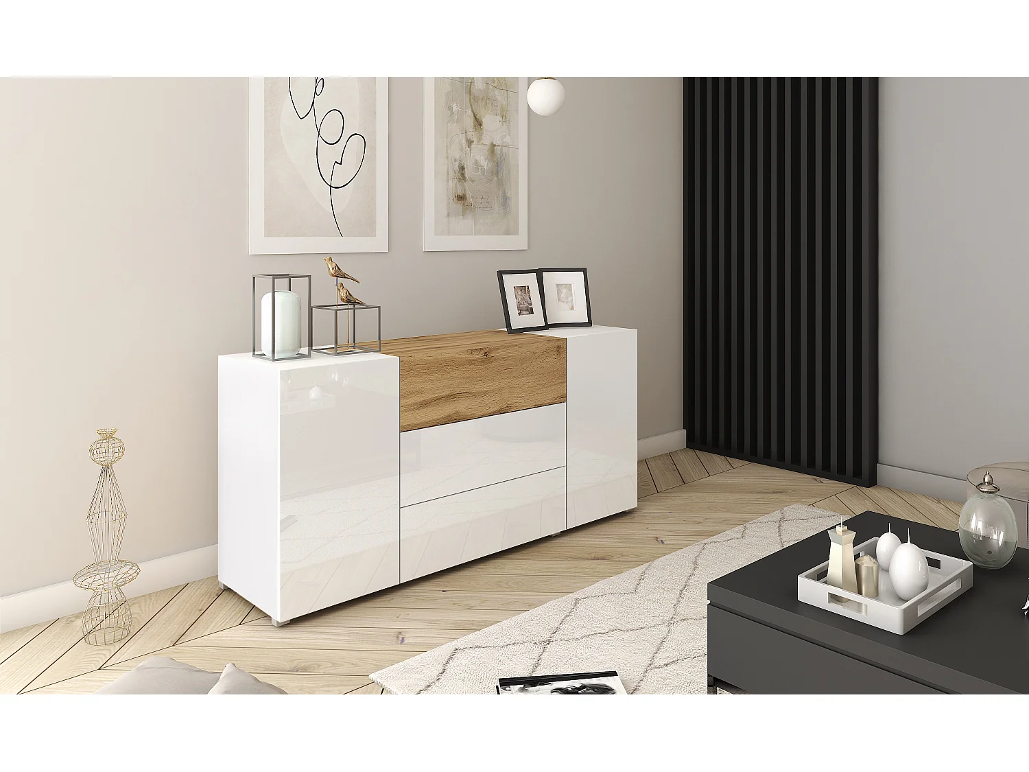 Modernes 150 cm Sideboard mit 3 Schubladen und 2 Türen, Weiß Matt Korpus, Glänzend Weiße Fronten