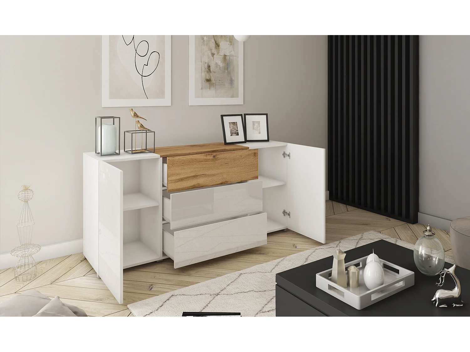 Modernes 150 cm Sideboard mit 3 Schubladen und 2 Türen, Weiß Matt Korpus, Glänzend Weiße Fronten