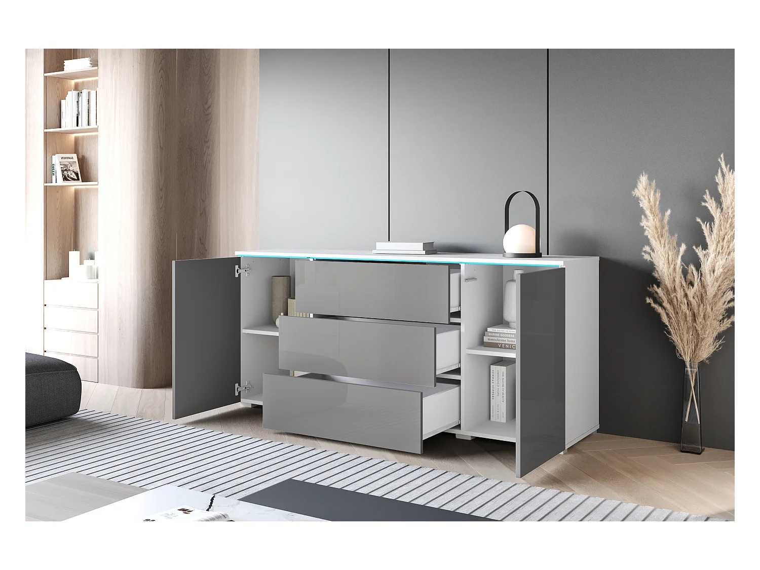 Buffet moderne 150 cm pour salon 3 tiroirs et 2 portes corps blanc mat et façades gris brillant