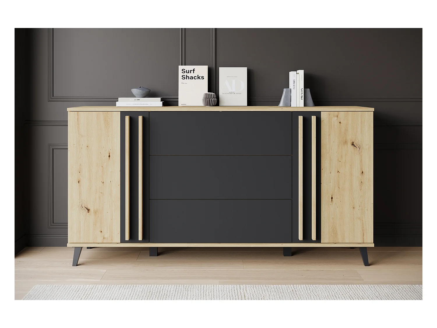 Buffet 150 cm sur pieds pour salon – moderne avec 3 tiroirs et 2 portes, mat Artisan + graphite noir