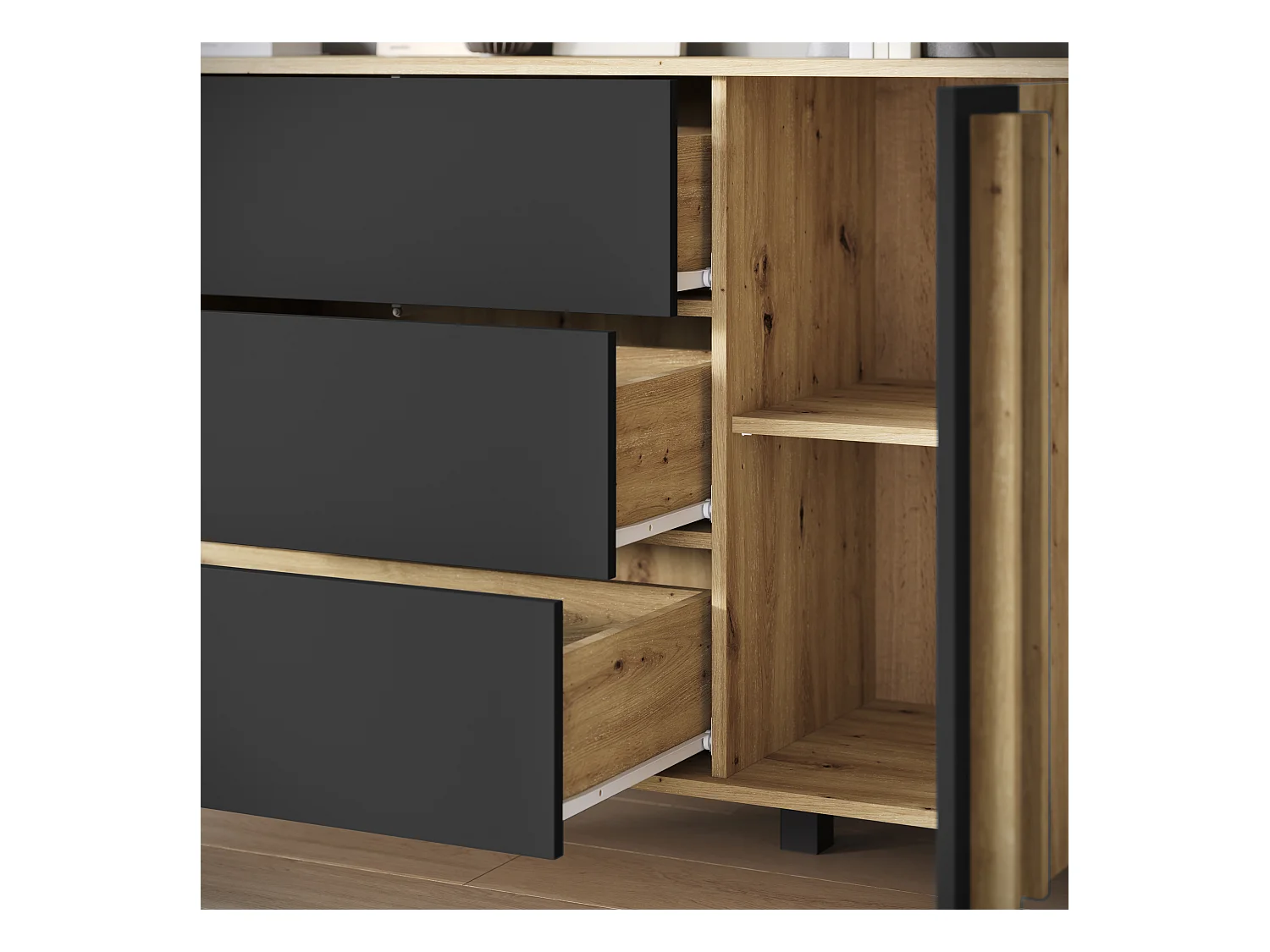 Buffet 150 cm sur pieds pour salon – moderne avec 3 tiroirs et 2 portes, mat Artisan + graphite noir