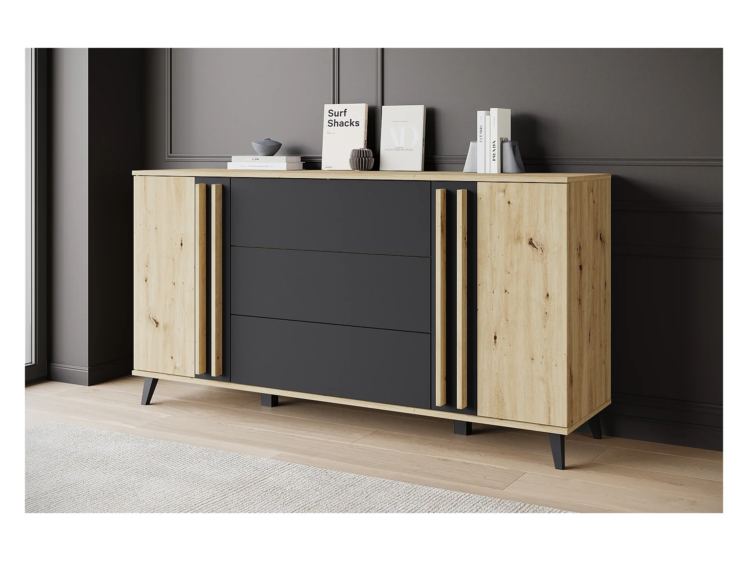 Buffet 150 cm sur pieds pour salon – moderne avec 3 tiroirs et 2 portes, mat Artisan + graphite noir