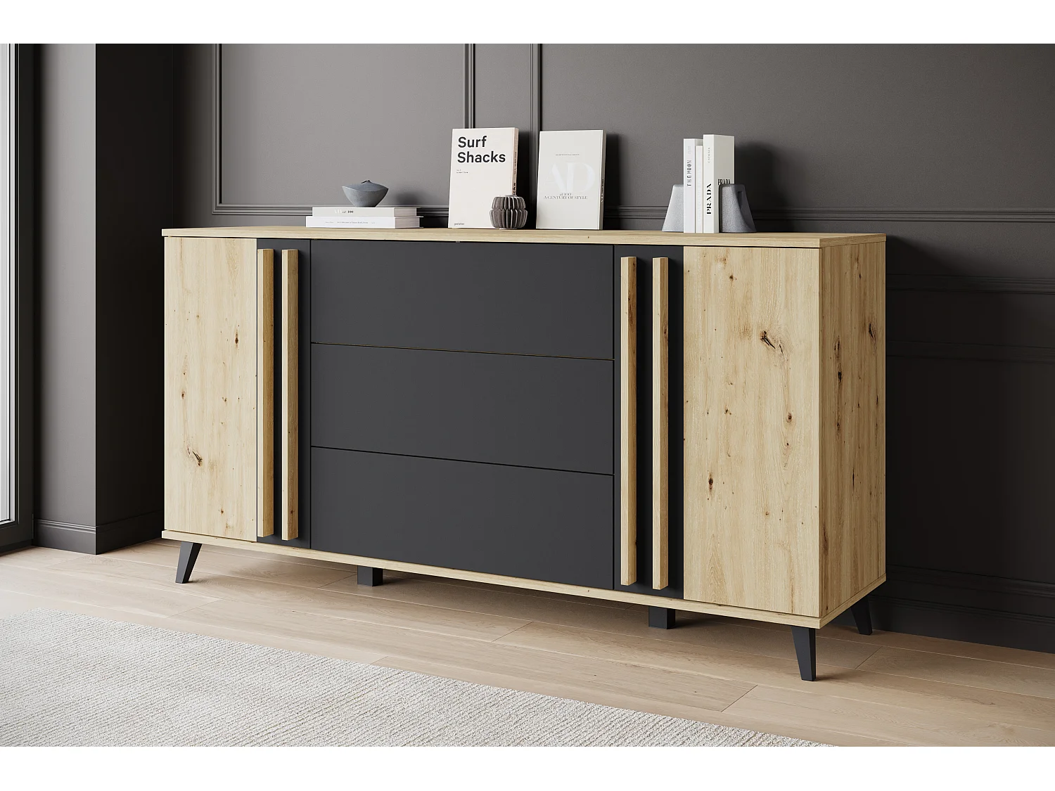 Buffet 150 cm sur pieds pour salon – moderne avec 3 tiroirs et 2 portes, mat Artisan + graphite noir