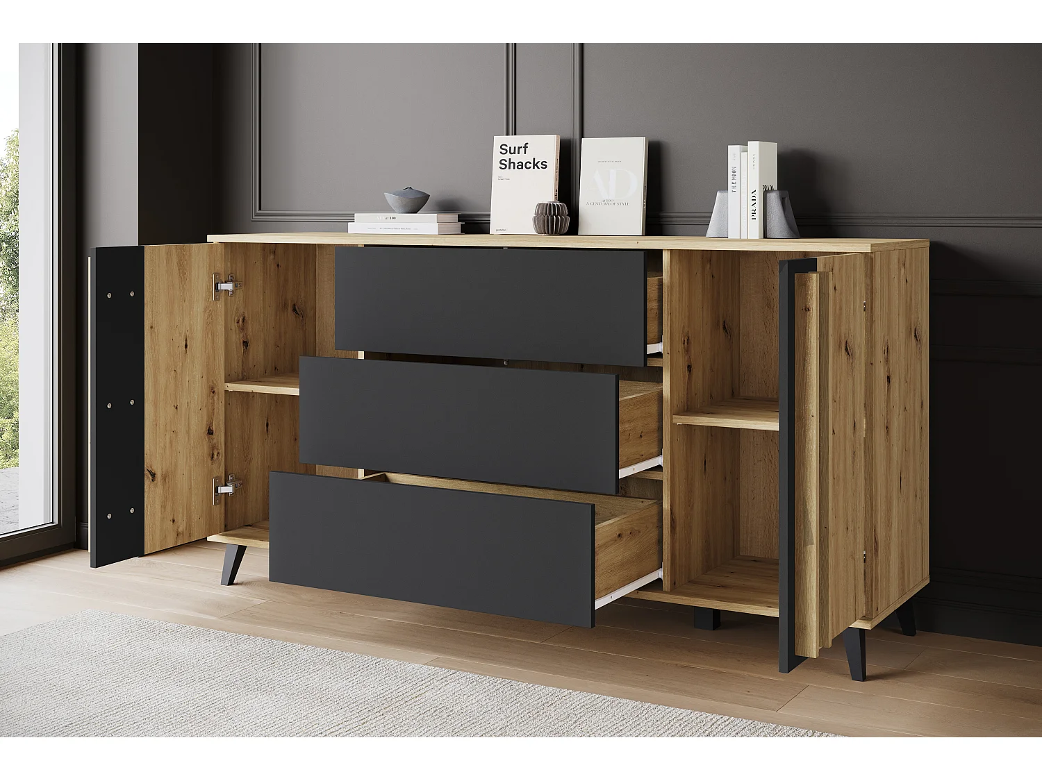 Buffet 150 cm sur pieds pour salon – moderne avec 3 tiroirs et 2 portes, mat Artisan + graphite noir