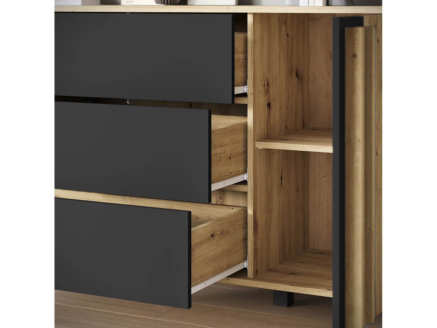 Buffet 150 cm sur pieds pour salon – moderne avec 3 tiroirs et 2 portes, mat Artisan + graphite noir