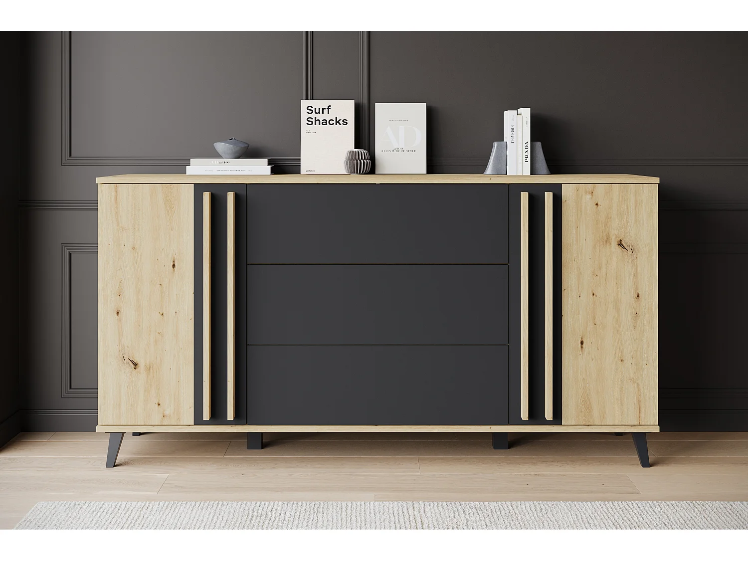 Skänk HELSINKI 150 cm, byrå, vardagsrumsmöbel, höga ben, färg ek artisan