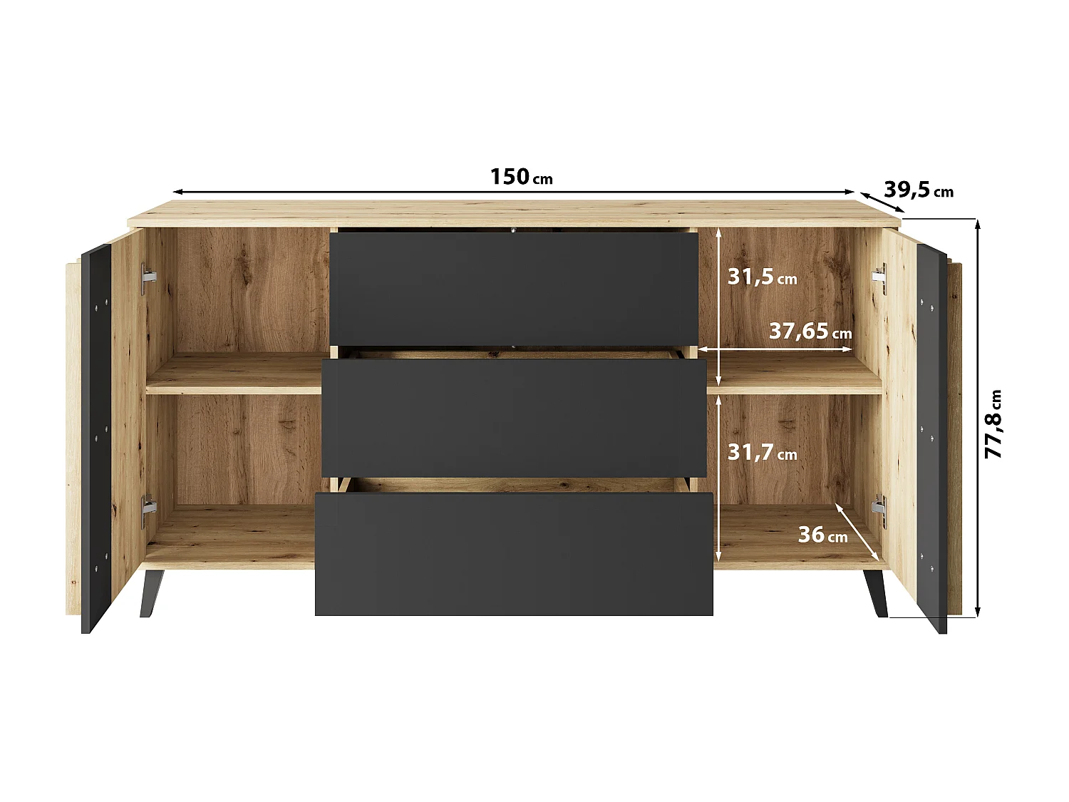 Skänk HELSINKI 150 cm, byrå, vardagsrumsmöbel, höga ben, färg ek artisan