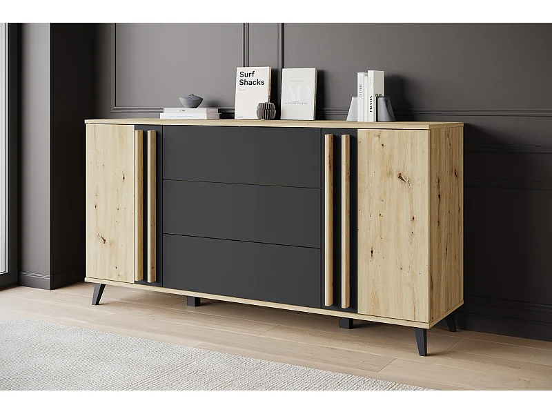 Buffet 150 cm sur pieds pour salon – moderne avec 3 tiroirs et 2 portes, mat Artisan + graphite noir