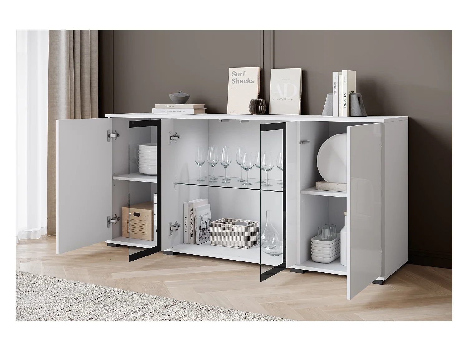 Buffet 150 cm pour salon – vitrine moderne avec vitrages, corps blanc mat et façades blanc brillant