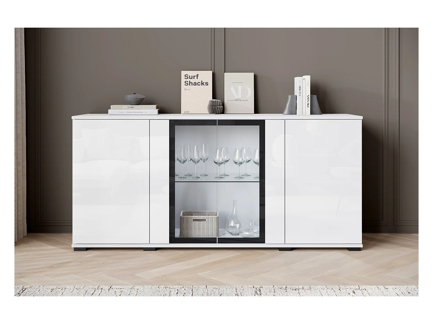 Buffet 150 cm pour salon – vitrine moderne avec vitrages, corps blanc mat et façades blanc brillant