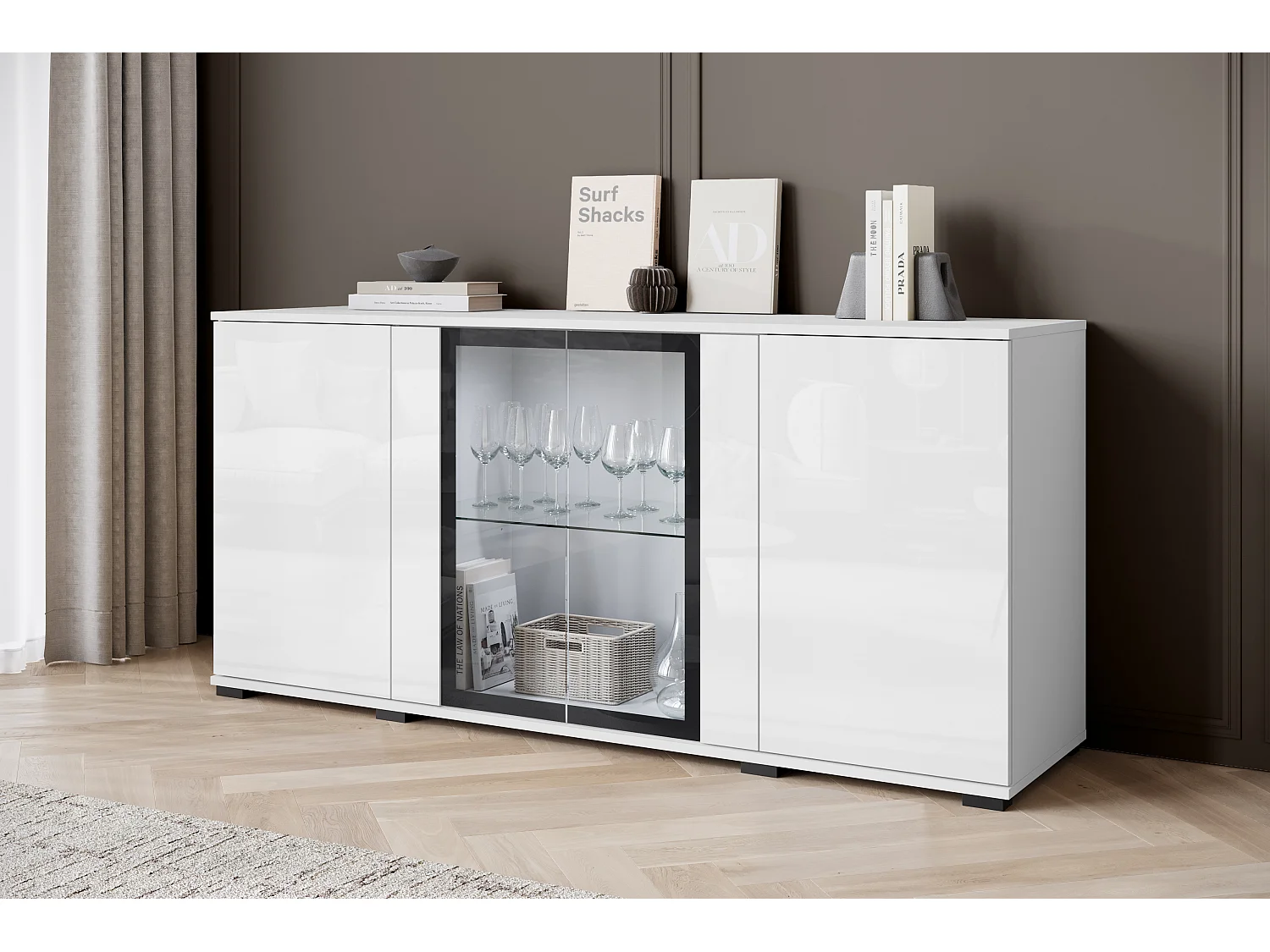 Buffet 150 cm pour salon – vitrine moderne avec vitrages, corps blanc mat et façades blanc brillant