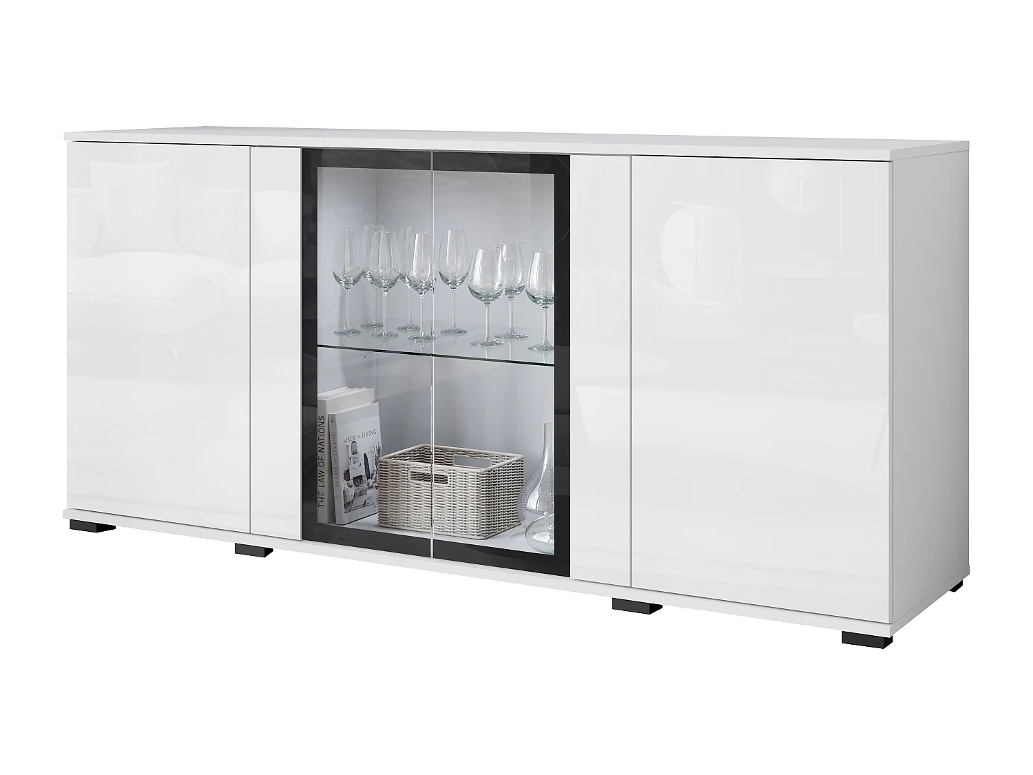 Buffet 150 cm pour salon – vitrine moderne avec vitrages, corps blanc mat et façades blanc brillant