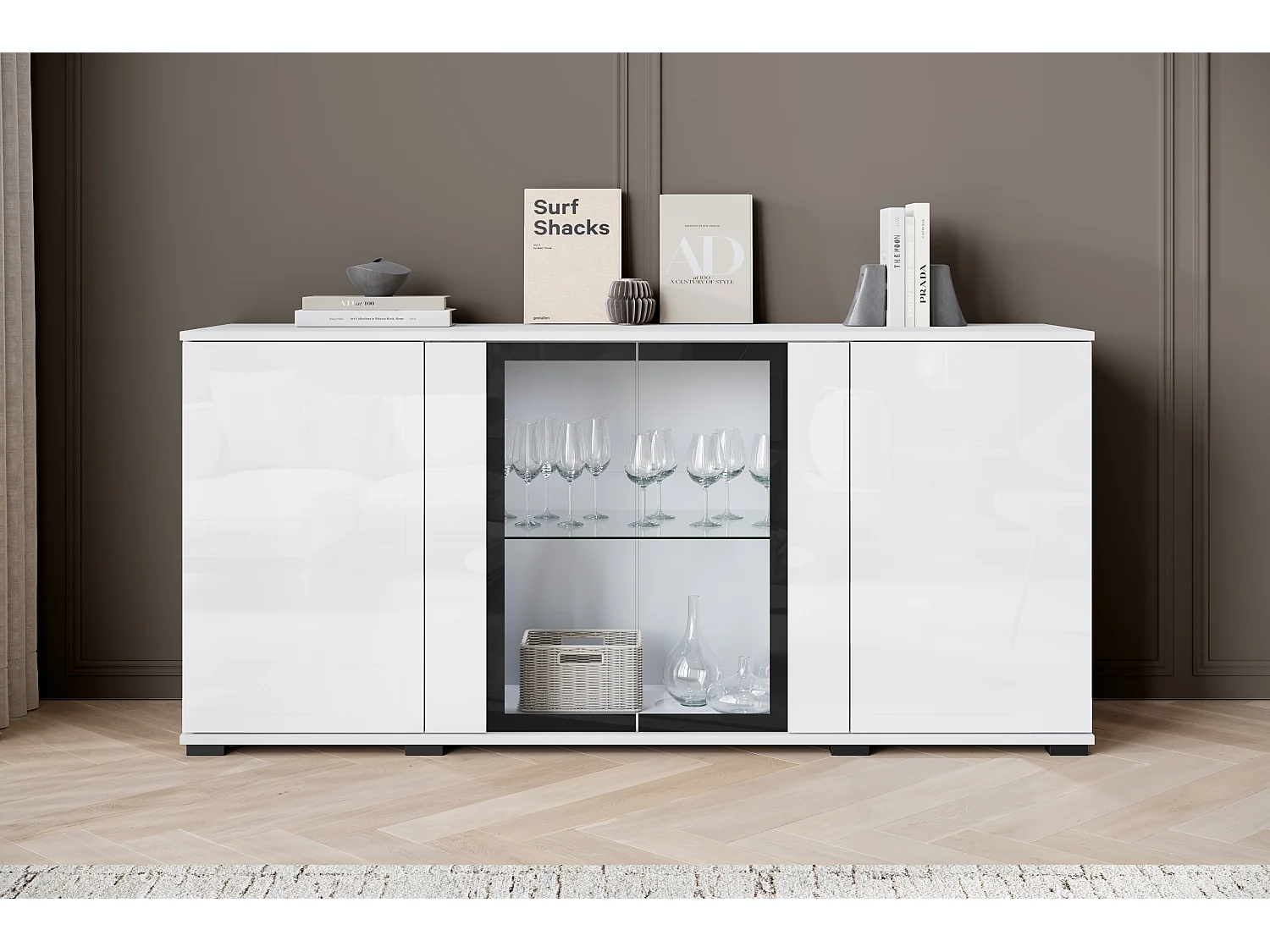 Buffet 150 cm pour salon – vitrine moderne avec vitrages, corps blanc mat et façades blanc brillant
