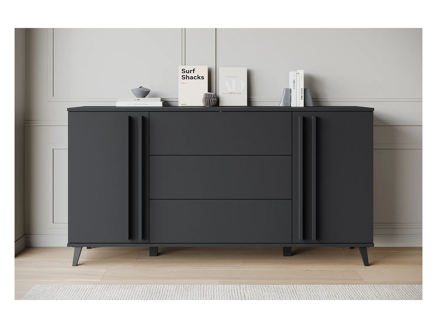 Buffet 150 cm sur pieds pour salon – moderne avec 3 tiroirs et 2 portes, mat graphite noir