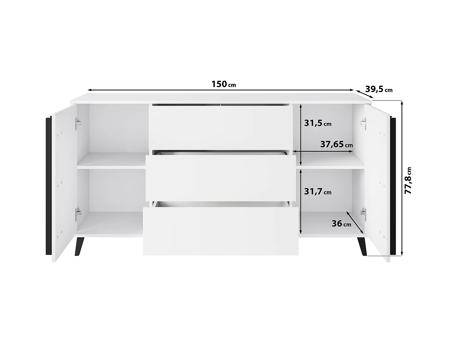Buffet 150 cm sur pieds pour salon – moderne avec 3 tiroirs et 2 portes, mat graphite noir