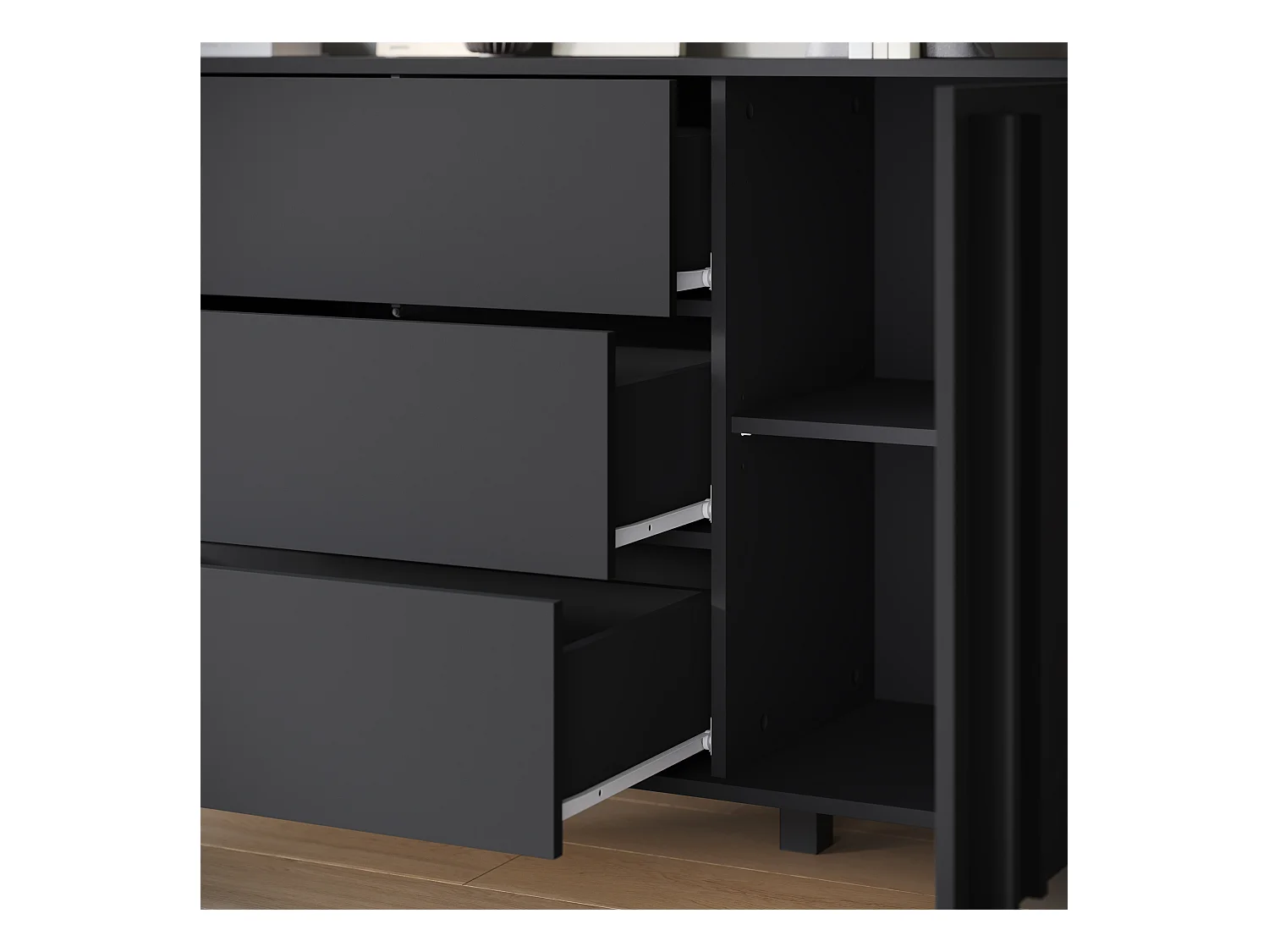 Buffet 150 cm sur pieds pour salon – moderne avec 3 tiroirs et 2 portes, mat graphite noir
