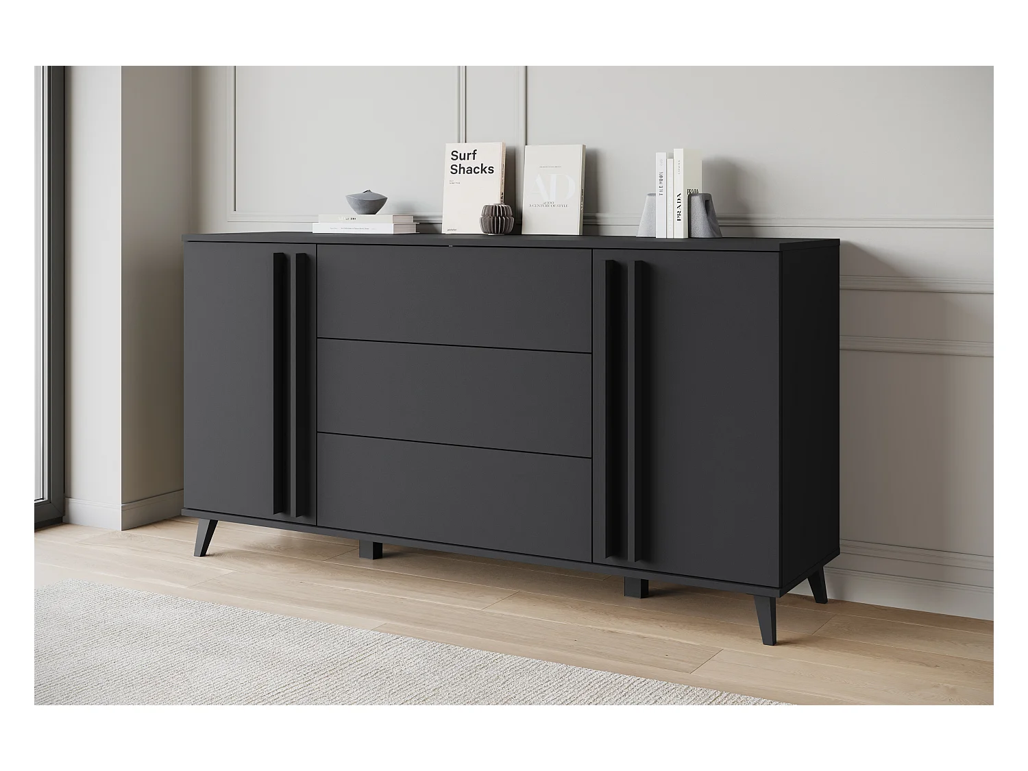 Buffet 150 cm sur pieds pour salon – moderne avec 3 tiroirs et 2 portes, mat graphite noir