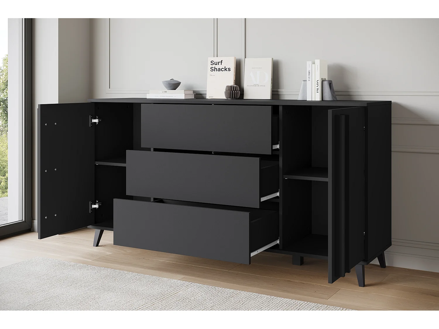 Buffet 150 cm sur pieds pour salon – moderne avec 3 tiroirs et 2 portes, mat graphite noir