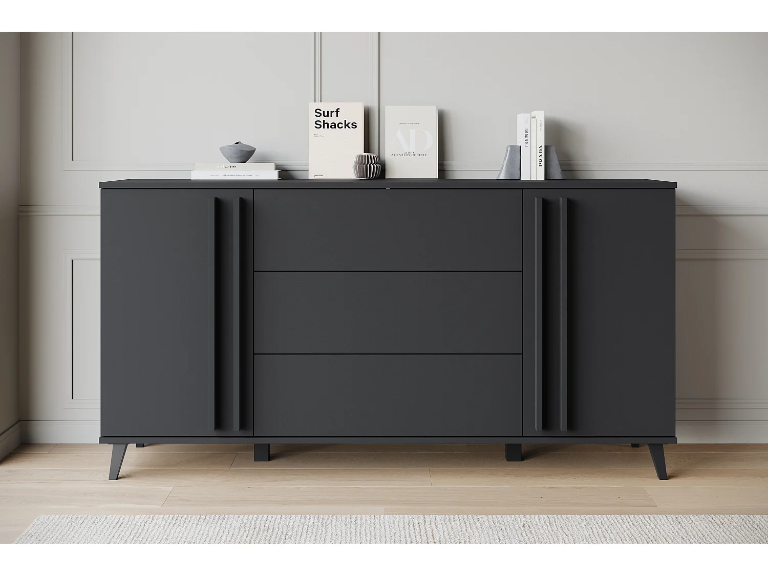 Buffet 150 cm sur pieds pour salon – moderne avec 3 tiroirs et 2 portes, mat graphite noir