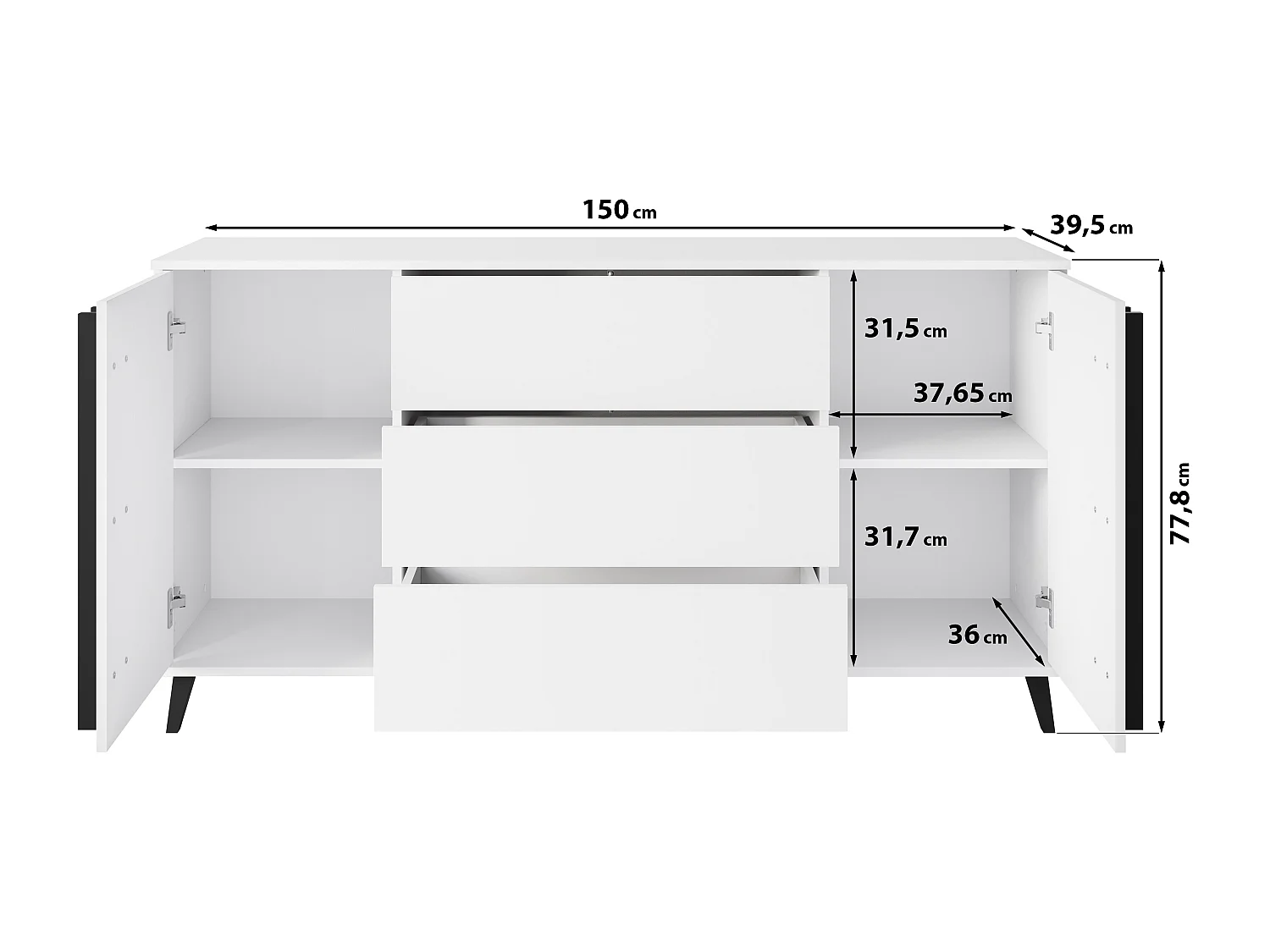 Buffet 150 cm sur pieds pour salon – moderne avec 3 tiroirs et 2 portes, mat graphite noir
