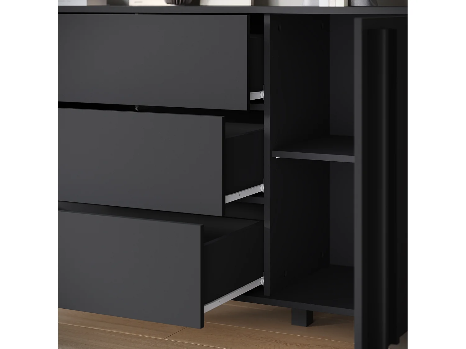 Buffet 150 cm sur pieds pour salon – moderne avec 3 tiroirs et 2 portes, mat graphite noir