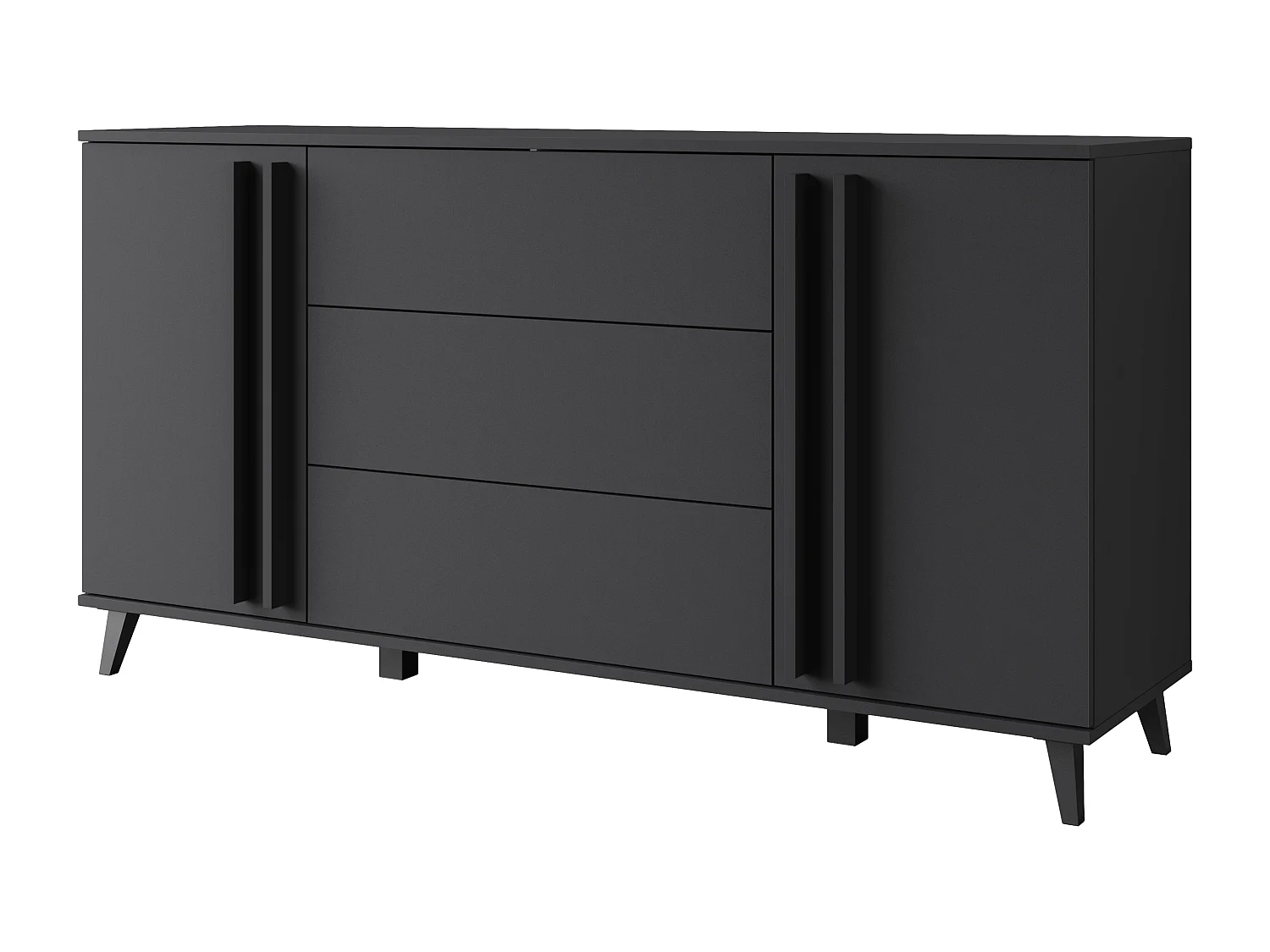 Buffet 150 cm sur pieds pour salon – moderne avec 3 tiroirs et 2 portes, mat graphite noir
