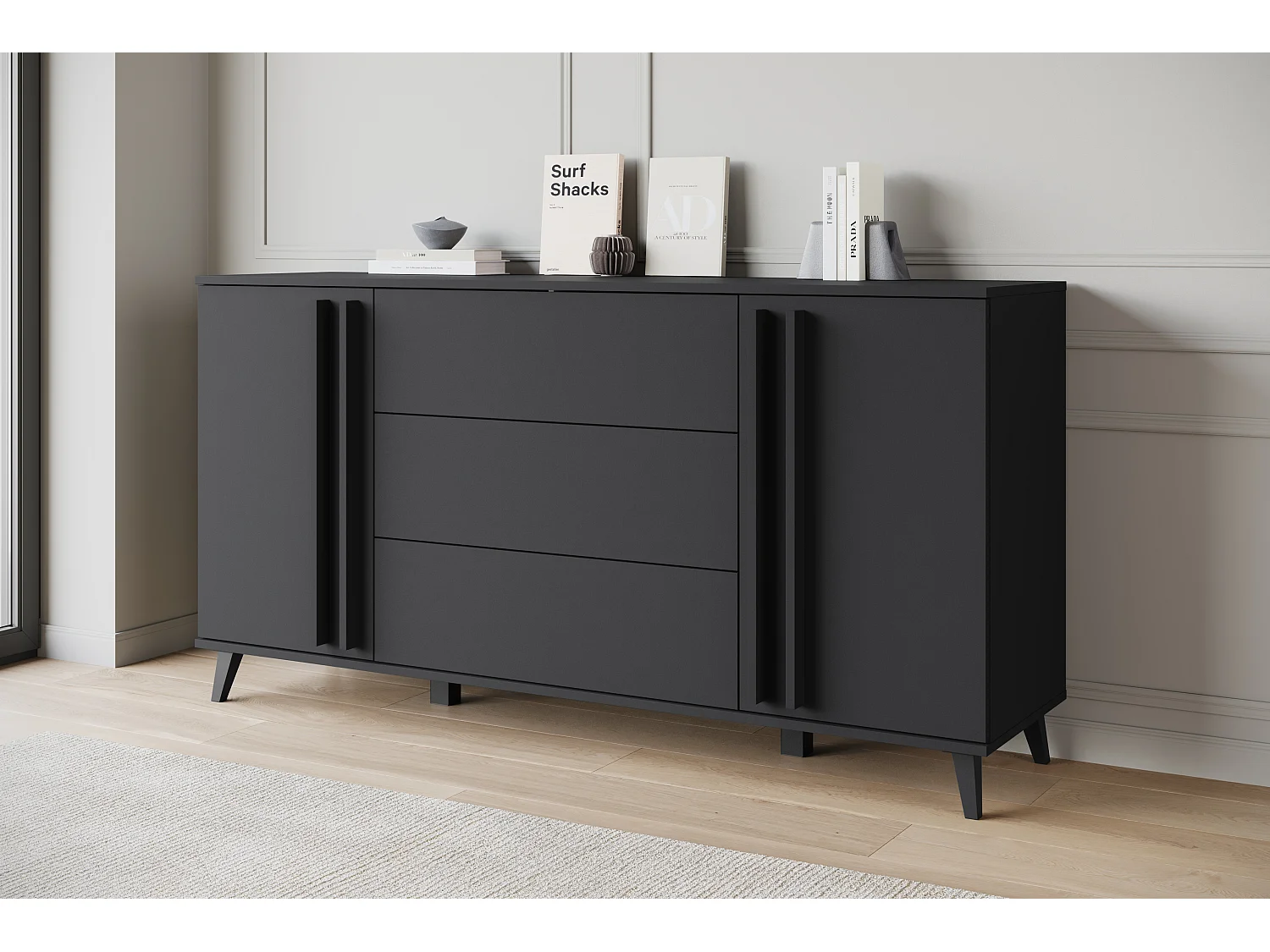 Buffet 150 cm sur pieds pour salon – moderne avec 3 tiroirs et 2 portes, mat graphite noir