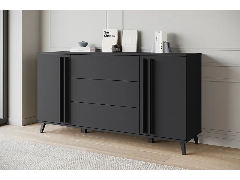 Komoda 150 cm na nóżkach do salonu – nowoczesna z 3 szufladami i 2 szafkami, mat czarny grafit