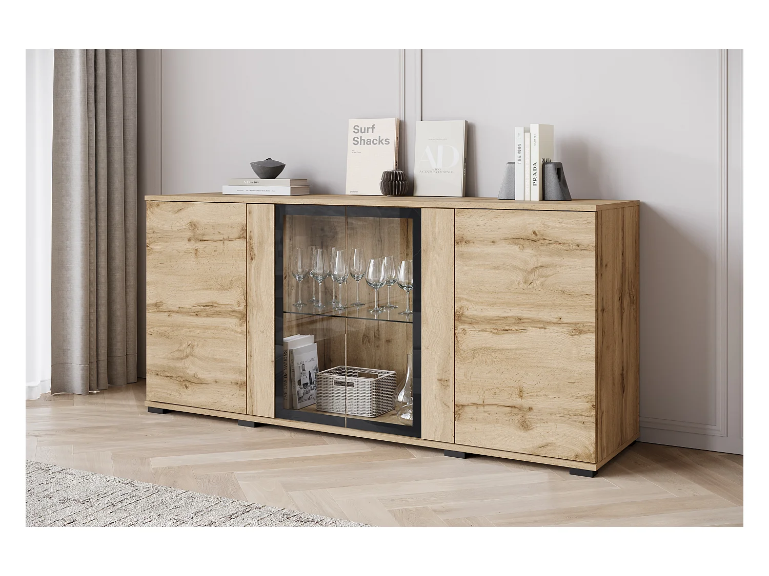 Buffet 150 cm pour salon – vitrine moderne avec vitrages, mat wotan