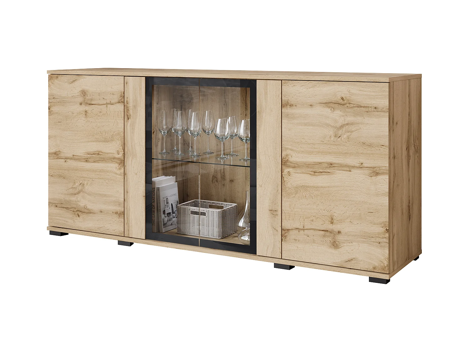 Buffet 150 cm pour salon – vitrine moderne avec vitrages, mat wotan