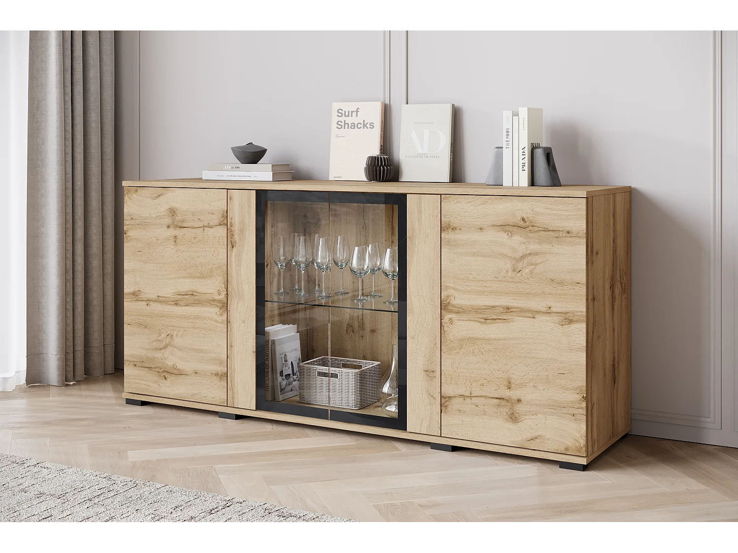 Buffet 150 cm pour salon – vitrine moderne avec vitrages, mat wotan