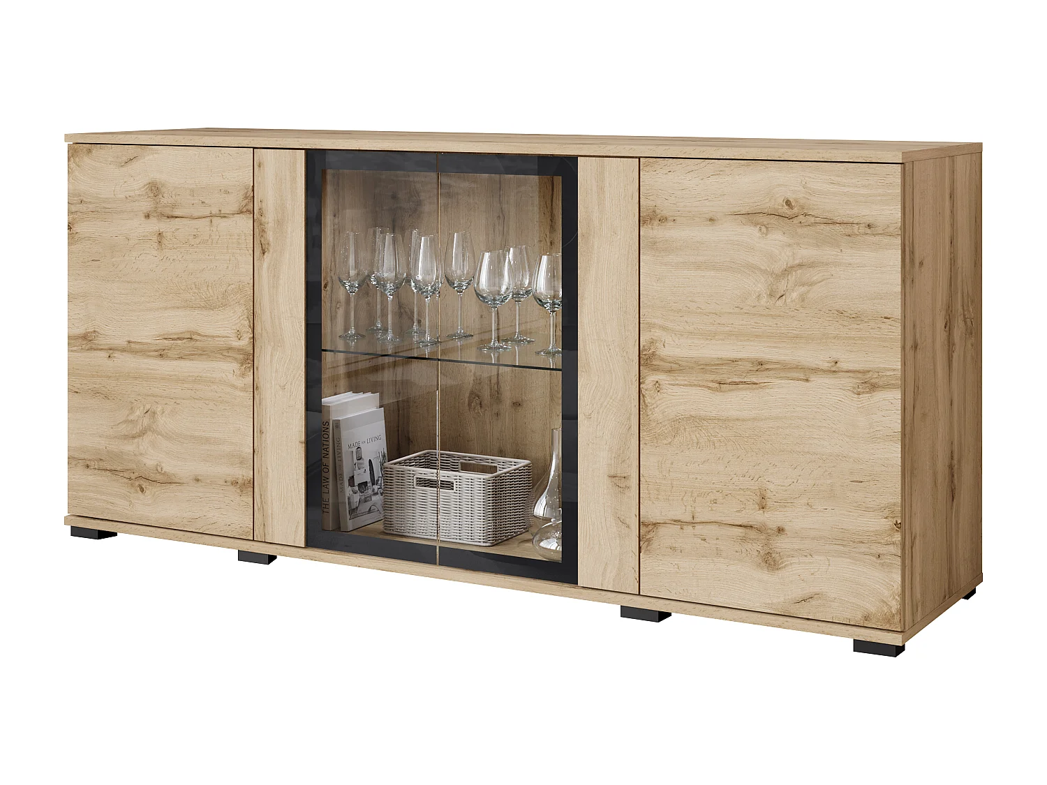 Dressoir 150 cm voor woonkamer – moderne vitrinekast met glas, mat wotan