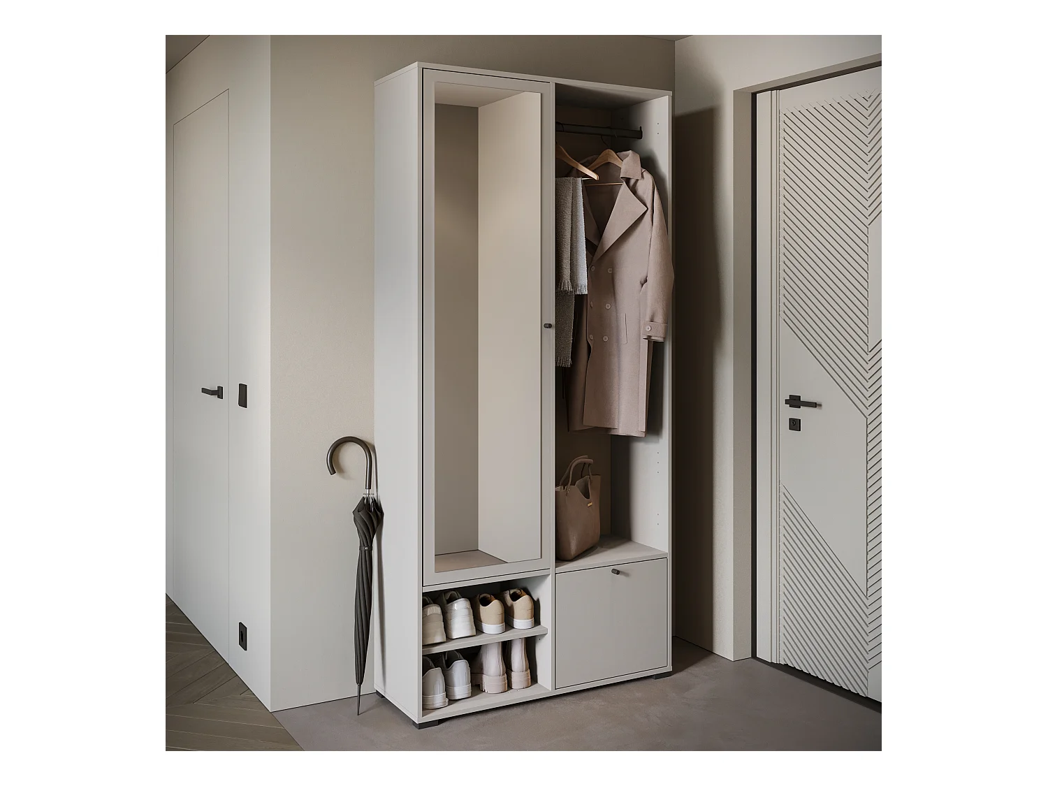 Armoire moderne 90 cm armoire dentrée avec miroir étagères et tringle mat beige cachemire