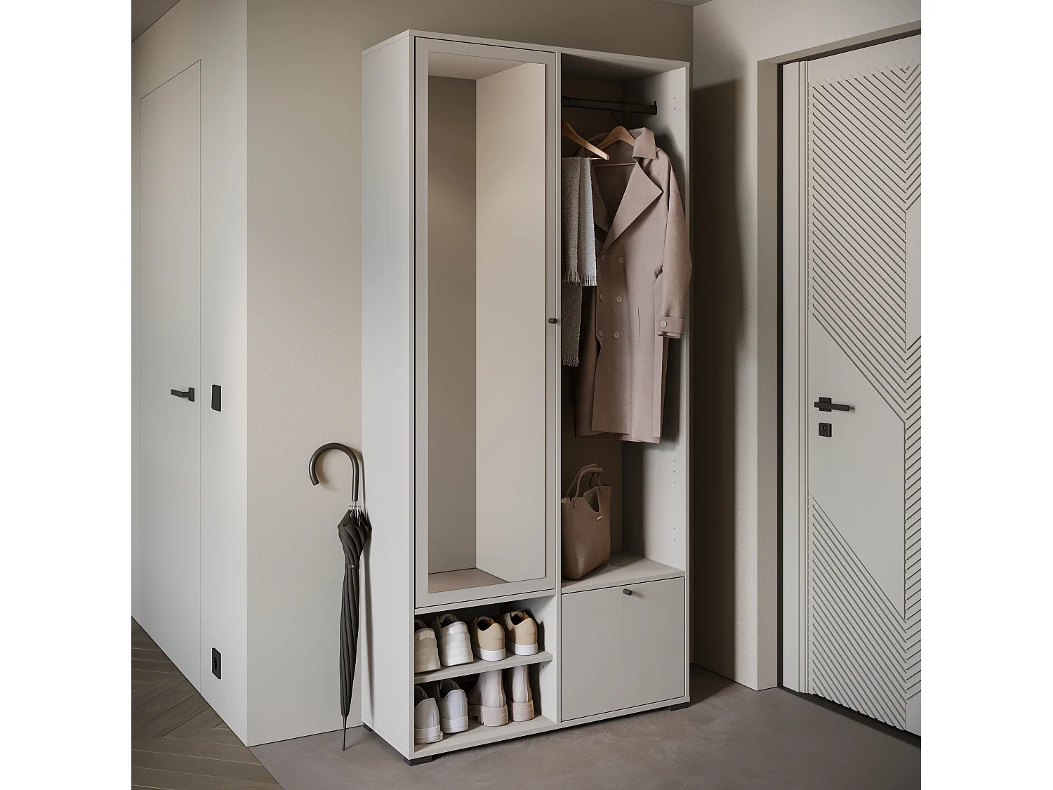Moderne garderobekast 90 cm hal kast met spiegel planken en roede mat beige kasjmier