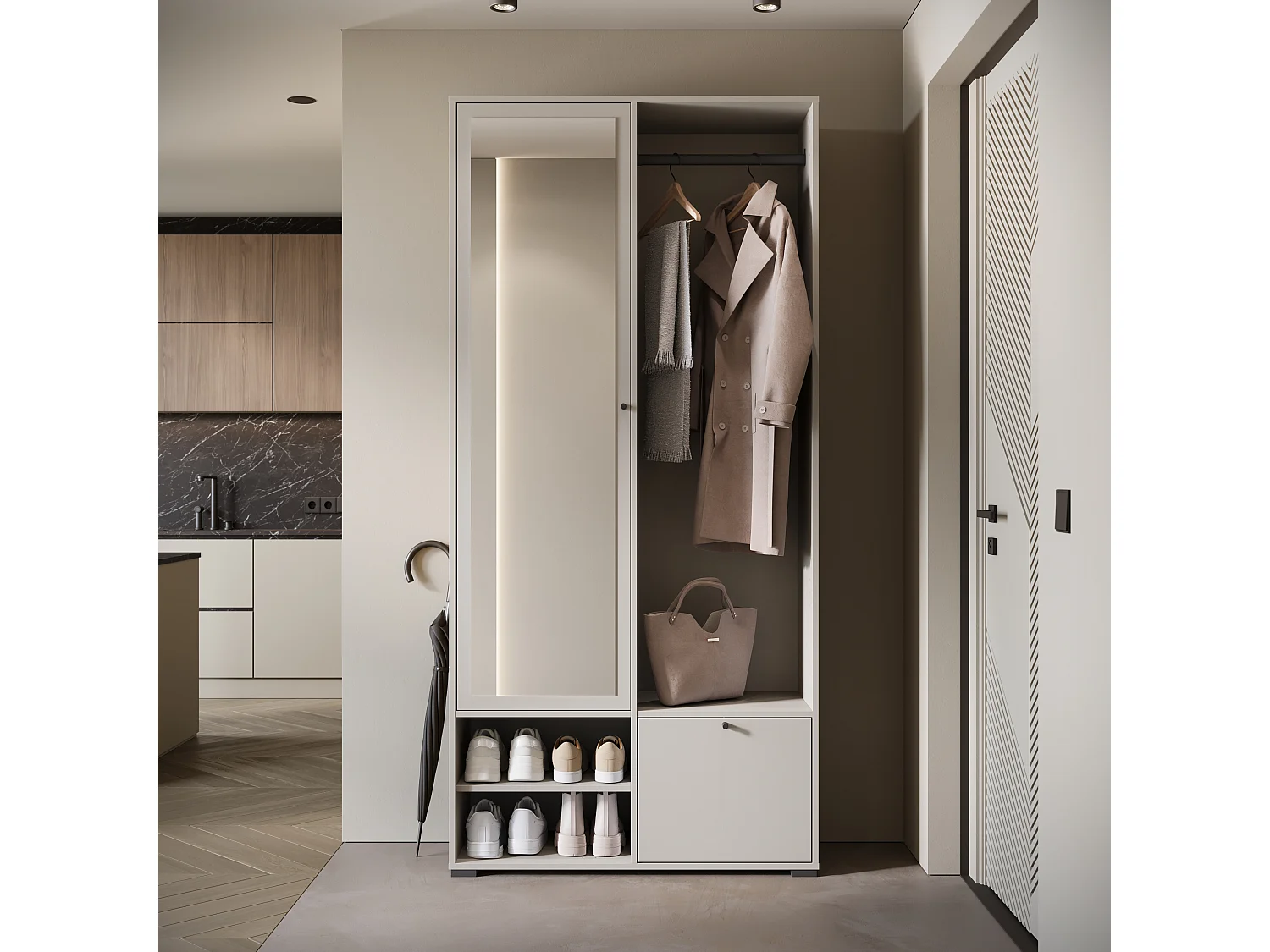 Moderne garderobekast 90 cm hal kast met spiegel planken en roede mat beige kasjmier