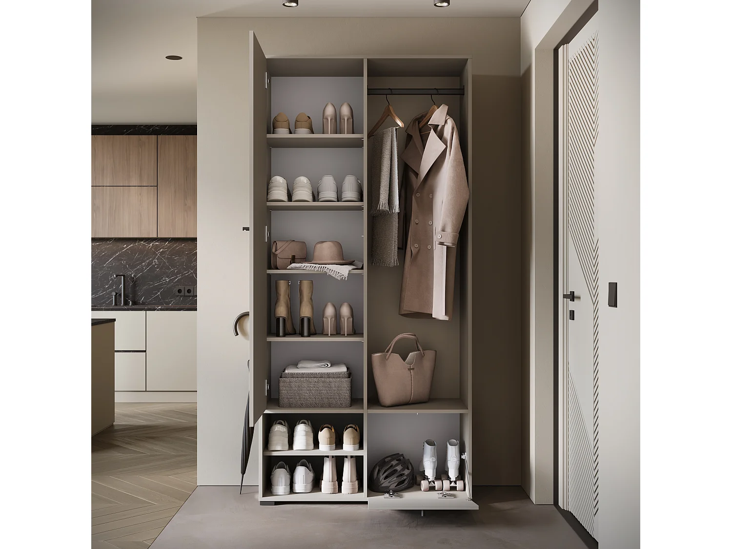 Moderne garderobekast 90 cm hal kast met spiegel planken en roede mat beige kasjmier