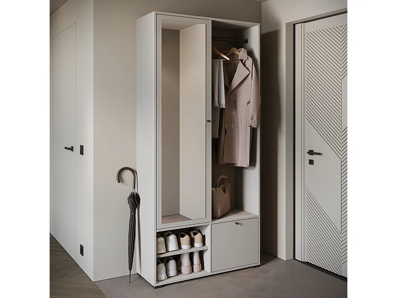 Moderne garderobekast 90 cm hal kast met spiegel planken en roede mat beige kasjmier