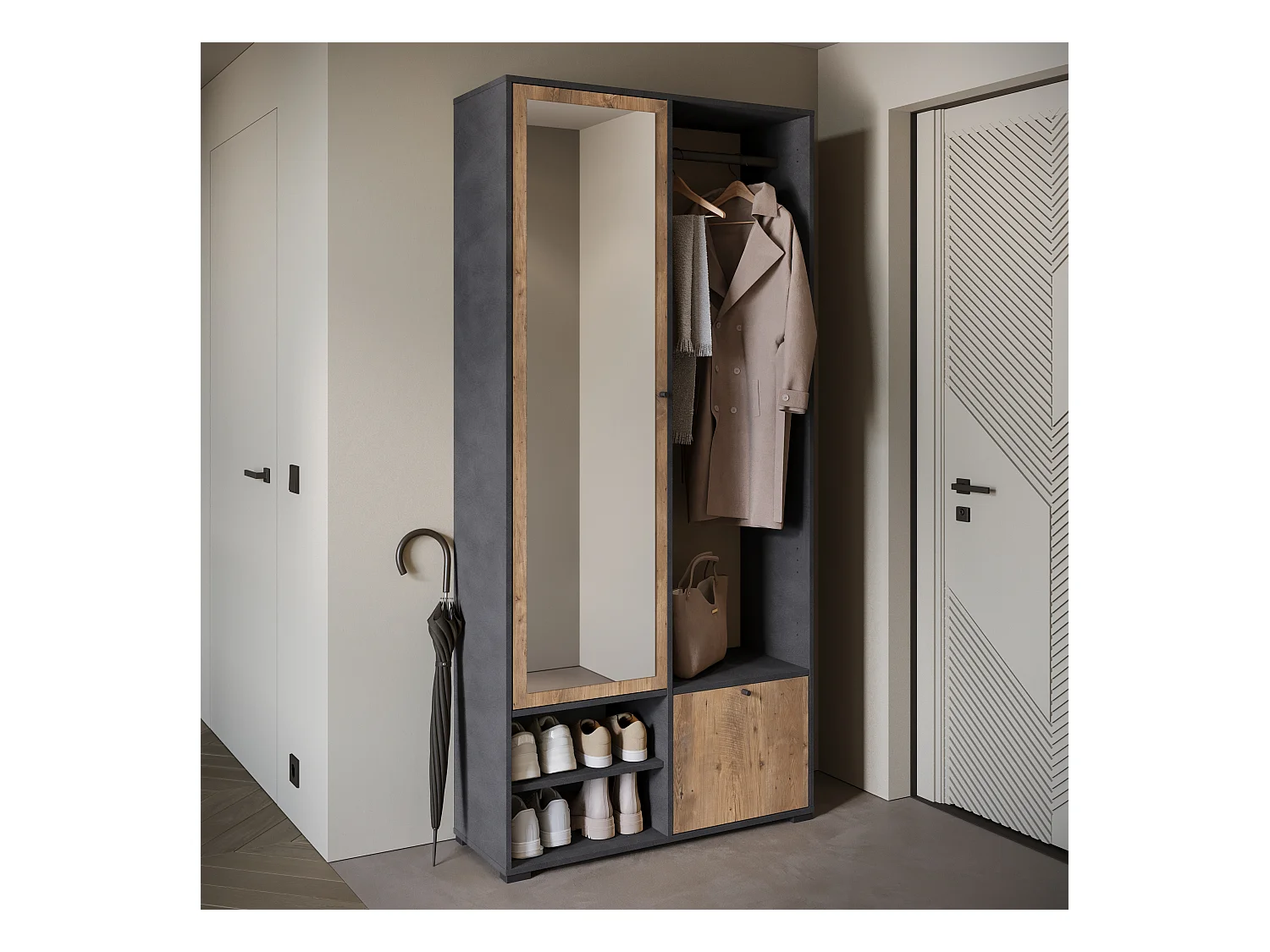 Armoire moderne 90 cm armoire dentrée avec miroir étagères et tringle mat matera kastanien breslau