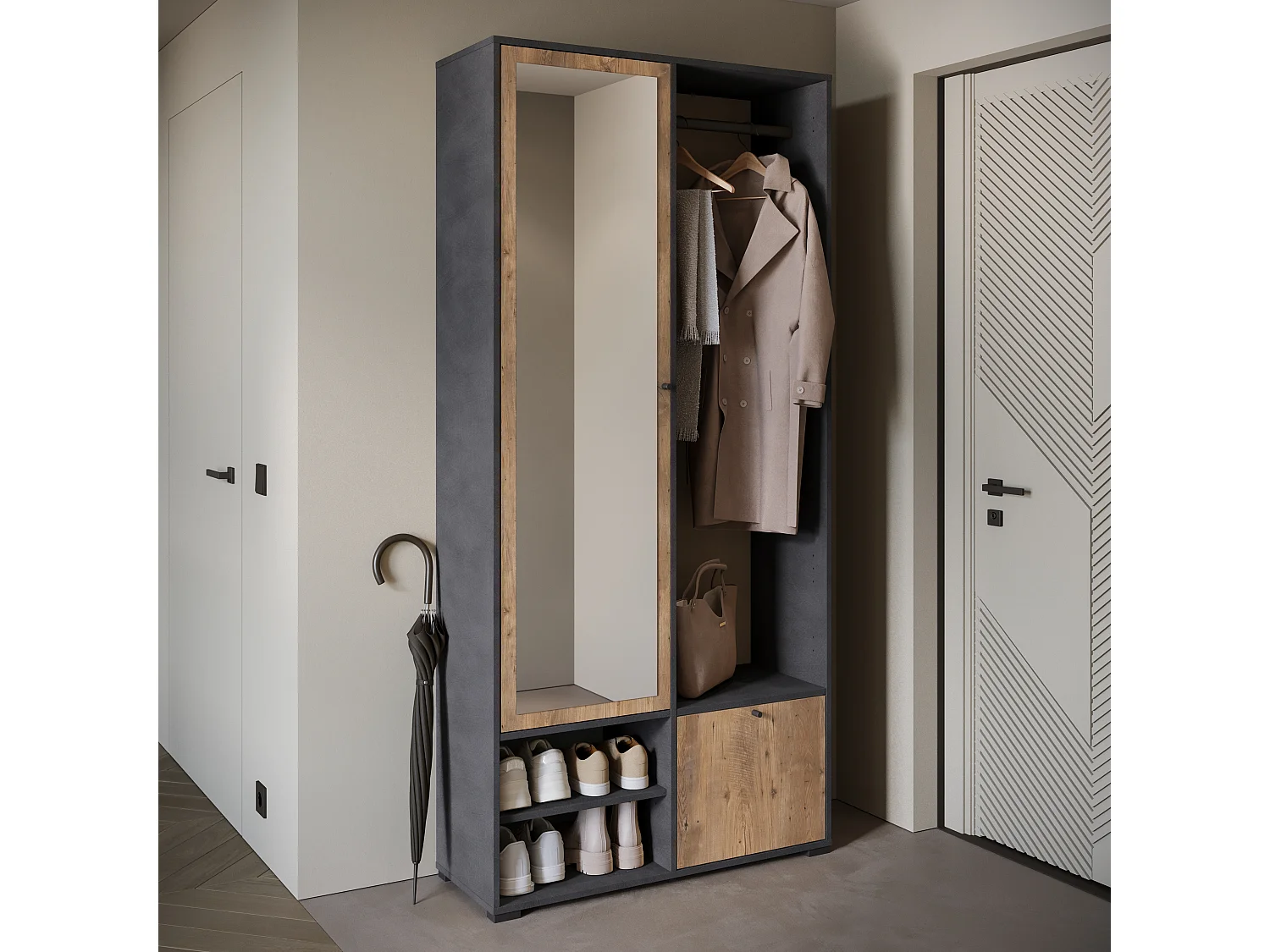 Garderobenschrank mit Spiegel DINO 90x190 cm, Flurmöbel, Schuhschrank, Garderobe mit Kleiderhaken, Farbe Matera/Kastanie