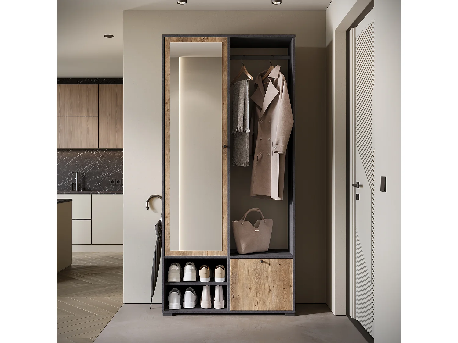 Garderobenschrank mit Spiegel DINO 90x190 cm, Flurmöbel, Schuhschrank, Garderobe mit Kleiderhaken, Farbe Matera/Kastanie