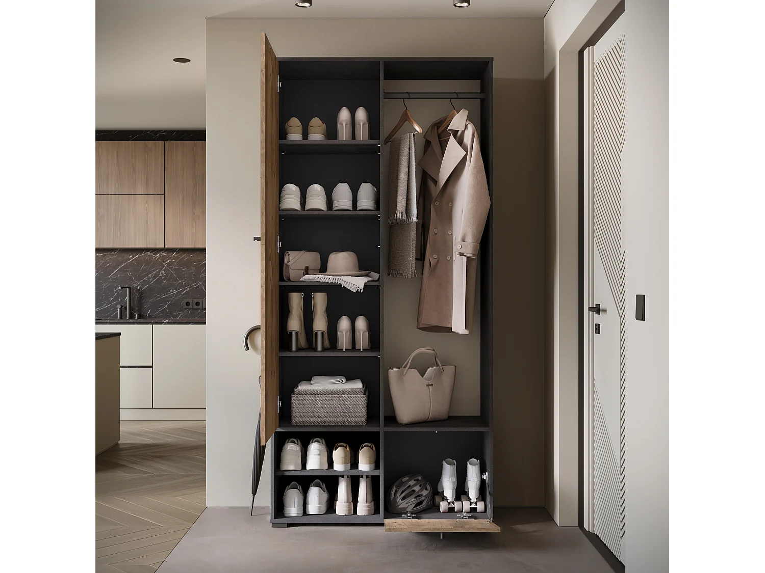 Garderobenschrank mit Spiegel DINO 90x190 cm, Flurmöbel, Schuhschrank, Garderobe mit Kleiderhaken, Farbe Matera/Kastanie