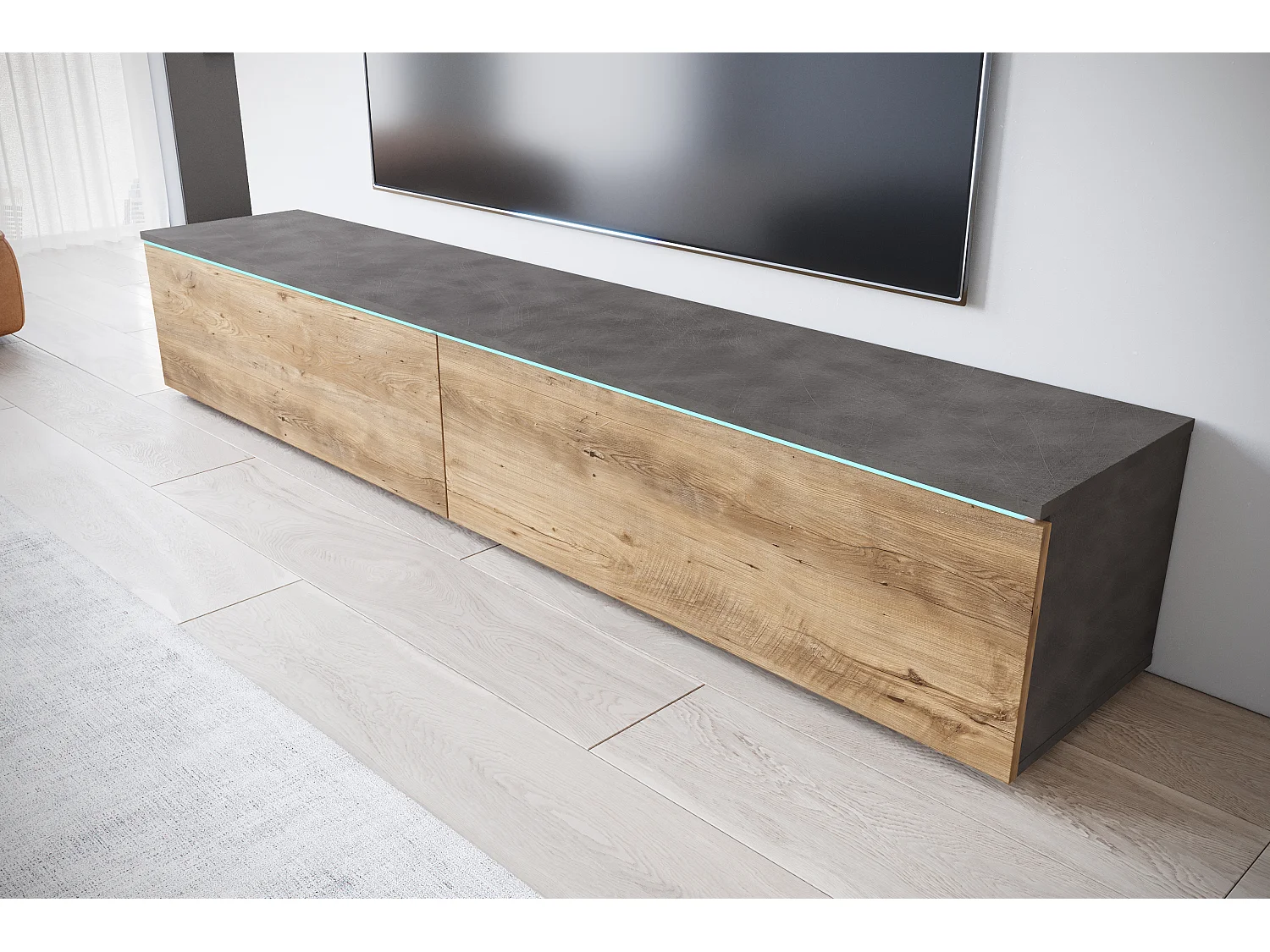 Meuble TV moderne 180 cm pour salon – 2 portes, sans poignées, finition mate, à poser ou à suspendre, matera / châtaignier breslau