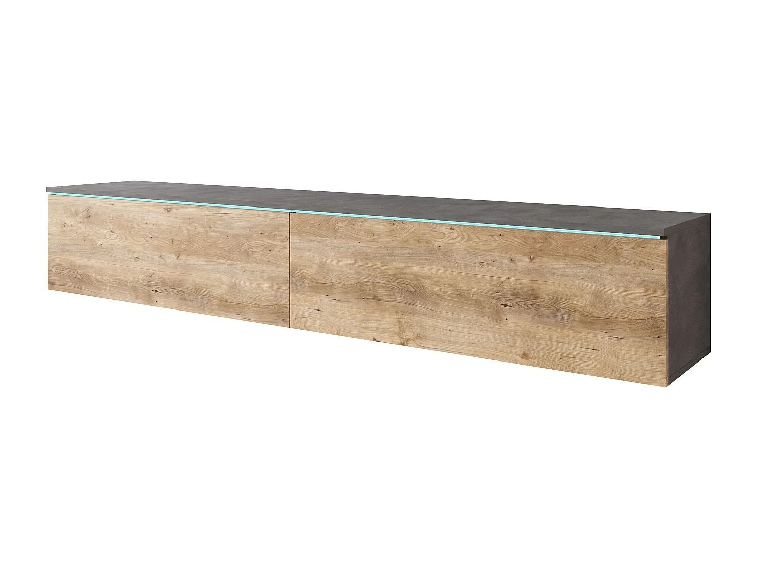 Meuble TV moderne 180 cm pour salon – 2 portes, sans poignées, finition mate, à poser ou à suspendre, matera / châtaignier breslau